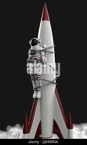 3D Illustrazione l'astronauta bianco legato con il razzo bianco e rosso dalla catena su sfondo nero scuro. Astronauta e astronave. Concetto di spazio. Foto Stock