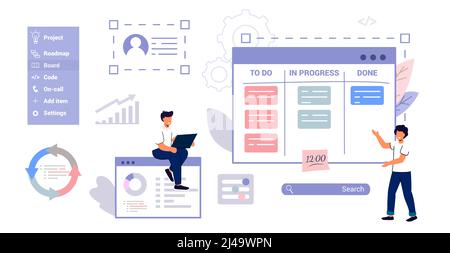 Sviluppo del software Kanban Schema concettuale metodo di gestione dei progetti Agile metodo di gestione dei progetti Teamwork metodologia del framework di gestione dei progetti Illustrazione Vettoriale