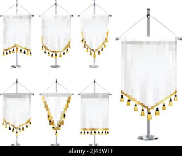 Bianco bianco pennants di varie forme con la frangia dorata del nassel sopra piedistallo in acciaio con spire e set realistico, illustrazione vettoriale Illustrazione Vettoriale