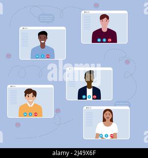 Videoconferenza con persone. Riunione di lavoro. Videochiamata in conferenza Illustrazione Vettoriale