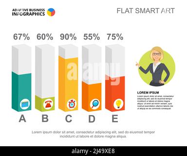 Modello grafico a barre a cinque colonne per la presentazione. Illustrazione vettoriale. Diagramma, grafico, infografica. Leadership, consulenza, pianificazione o statistiche conce Illustrazione Vettoriale