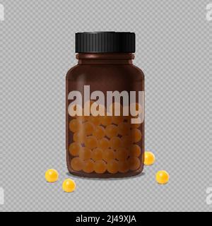 Flacone di vetro medico marrone chiuso e draga di vitamina gialla sparsa su sfondo trasparente illustrazione vettoriale realistica Illustrazione Vettoriale