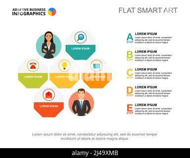 Modello grafico di processo con cinque punti per la presentazione. Dati aziendali. Elementi astratti di diagramma, grafico. Azienda, management, marketing o prod Illustrazione Vettoriale