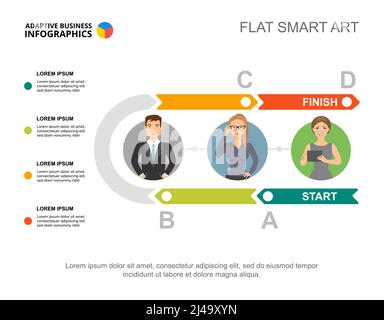 Modello grafico del processo del flusso di lavoro in quattro fasi per la presentazione. Visualizzazione dei dati aziendali. Organizzazione, assicurazione, gestione o marketing creativo co Illustrazione Vettoriale