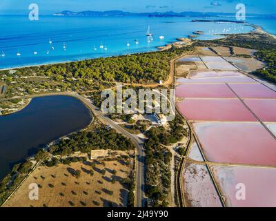 Veduta aerea di Ses Salines d´en Marroig stagno di sale evaporazione lago Formentera coloratissimo orizzonte di saline nelle isole Baleari, Spagna. Alla fine es CA Foto Stock