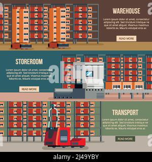 Robot da magazzino Set di striscioni orizzontali piani dispositivi automatici per illustrazione vettoriale isolata per lo smistamento e il trasporto del carico Illustrazione Vettoriale