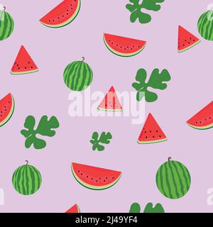 Modello senza cuciture in cocomero. Fette di anguria. Foglie di cocomero Illustrazione Vettoriale