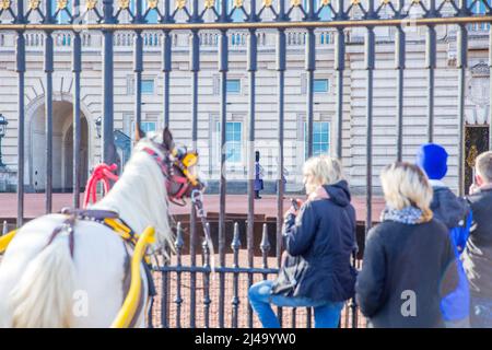 I cavalli sono legati alle ringhiere mentre le persone si riuniscono fuori da Buckingham Palace nel centro di Londra prima dell'adesione Day. Foto Stock