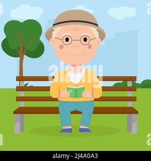 Il nonno si siede su una panchina nel parco e legge un libro Illustrazione Vettoriale