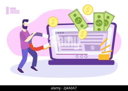 Concetto di monetizzazione del sito web, illustrazione vettoriale, guadagnare soldi online. Contenuti del blog e generazione di reddito con inserzioni pubblicitarie e partnership sponsor. Illustrazione Vettoriale