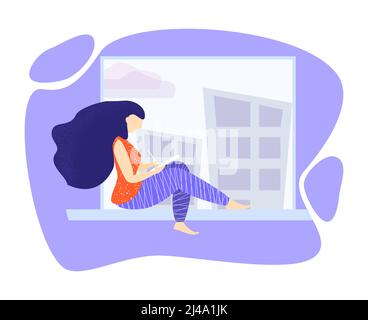 La donna a casa si siede su un davanzale e si disegna su un tablet. Concetto di stile di vita Higge. Rilassati nel comfort di casa. Ragazza si stagni e guarda fuori finestra. Illustrazione Vettoriale