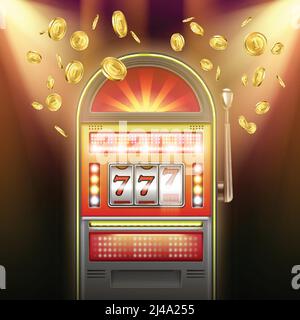 Slot machine con jackpot retrò illuminato vettoriale con monete d'oro in caduta su sfondo scuro in luci lampeggianti Illustrazione Vettoriale