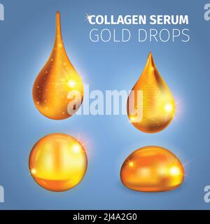 Collagene siero gocce dorate con superficie lucida macchie di luce elica dna su sfondo blu illustrazione vettoriale Illustrazione Vettoriale