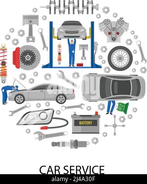 Design rotondo per la manutenzione automatica con macchine per attrezzature meccaniche dettagli sull'illustrazione vettoriale su sfondo bianco Illustrazione Vettoriale