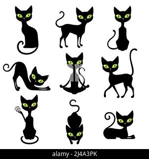 Icona gatti neri impostare animali carini in varie pose con immagine vettoriale isolata con occhi verdi grandi Illustrazione Vettoriale