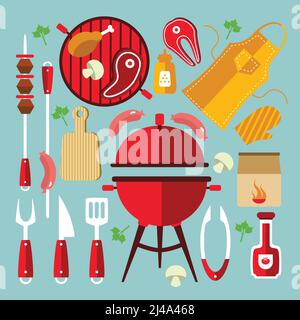 Set piatto icone con diversi strumenti e accessori per picnic Oppure party con illustrazione vettoriale BBQ Illustrazione Vettoriale