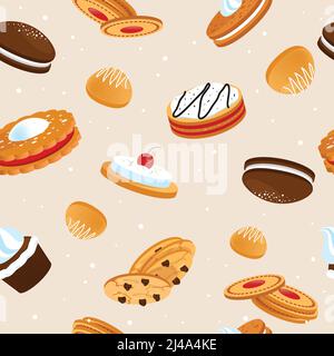 Biscotti e biscotti senza cuciture motivo con cupcake torte e croccanti dessert con illustrazione vettoriale di frutta Illustrazione Vettoriale