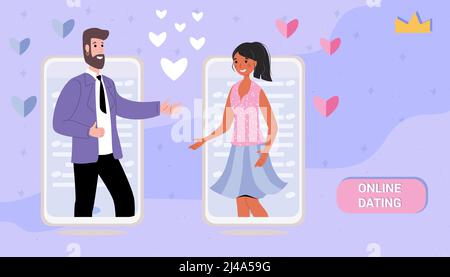 Online dating giovane uomo e donna ricerca di coppie per i rapporti attraverso il servizio vettore illustrazione concetto di flirt in social network atterraggio Illustrazione Vettoriale