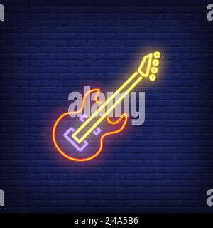 Cartello al neon per chitarra basso. Luminoso strumento musicale colorato su sfondo di mattoni. Pubblicità notturna brillante. Illustrazione vettoriale in stile neon per Illustrazione Vettoriale