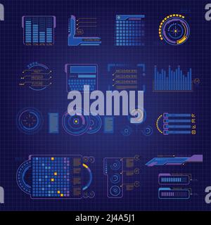 Astratto futuro interfaccia colorata e isolata icona impostata su digitale immagine vettoriale di sfondo blu scuro Illustrazione Vettoriale