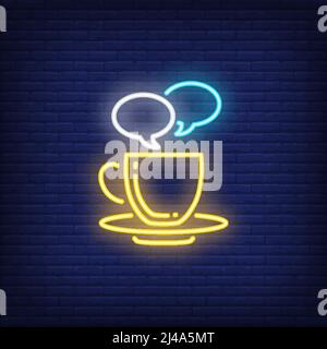 Tazza di caffè con simbolo al neon bolle vocali. Caffè, pausa, concetto di bevande. Design pubblicitario. Insegna al neon notturna luminosa, cartellone colorato, banne chiaro Illustrazione Vettoriale