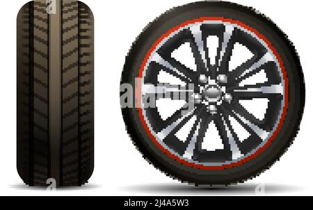 Illustrazione vettoriale isolata e realistica del set di pneumatici ruota per auto a disco brillante Illustrazione Vettoriale