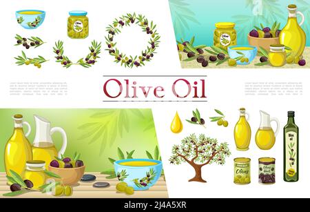 Cartoon collezione di elementi naturali d'oliva con le bottiglie d'olio d'oliva wreath rami albero goccia vasi vasi e lattine illustrazione vettoriale Illustrazione Vettoriale