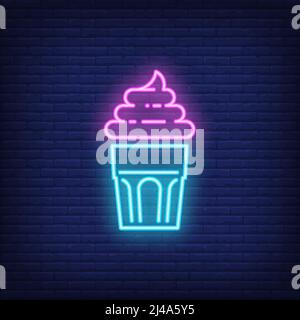 Delizioso cartello al neon con cupcake. Dessert, caffè e cibo. Design pubblicitario. Cartellone luminoso e colorato di notte, banner chiaro. Illustrazione vettoriale Illustrazione Vettoriale