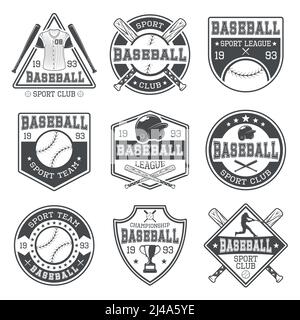 Baseball bianco nero emblemi di club e tornei con battitore outfit sportivo e trofeo isolato vettore illustrazione Illustrazione Vettoriale