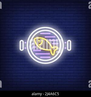 Pesce sul barbecue al neon cartello. Grill, barbecue, cena. Design pubblicitario. Insegna al neon notturna, cartellone colorato, banner chiaro. VEC Illustrazione Vettoriale