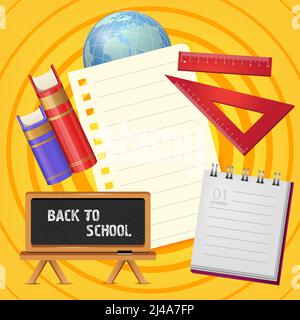 Torna a scuola scritta su lavagna con blocco note e libri. Offerta o vendita di pubblicità design. Testo digitato, calligrafia. Per volantini, opuscoli, inv Illustrazione Vettoriale