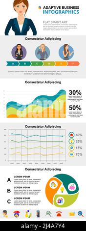 Set di grafici infografici sui progressi aziendali e sui concetti di analisi. Grafici ad area e a linee per i modelli di presentazione. Può essere utilizzato per la relazione annuale, Illustrazione Vettoriale