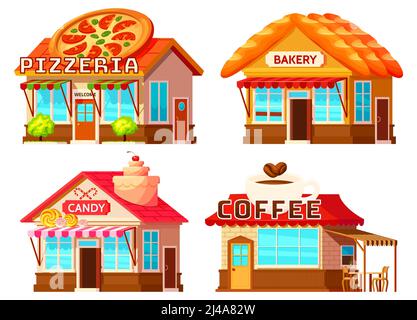 Pizzeria isolata di panificio del caffè e negozio di caramelle con storefronts colorati tende per finestre e tetto decorativo Illustrazione Vettoriale