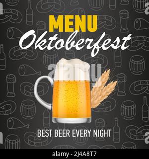 Menu, Oktoberfest, miglior birra ogni sera scritta con tazza di birra. Vacanza, celebrazione o design offerta. Testo scritto a mano e digitato, calligrafia. FO Illustrazione Vettoriale