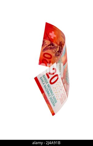 Volare denaro svizzero - 20 franchi nota isolato con il percorso di clipping Foto Stock