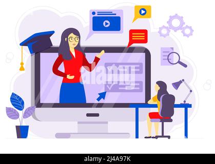 Illustrazione vettoriale dei corsi online. Persona piatta imparare il concetto virtuale. Sviluppo di conoscenze moderne utilizzando la formazione su Internet, l'insegnamento. Webinar e dis Illustrazione Vettoriale