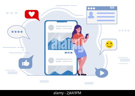Navigare in Internet su smartphone giovane uomo utilizzando social network online ricerca e comunicazione flat vettore illustrazione Illustrazione Vettoriale
