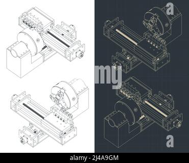 Illustrazione vettoriale stilizzata di progetti isometrici della macchina da tornio CNC Illustrazione Vettoriale