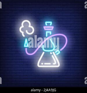 Hookah con icona in stile neon fumé. Vita notturna o fumatori. L'elemento luminoso del segno del neon può essere usato per la pubblicità del salotto, del randello e del caffè Illustrazione Vettoriale
