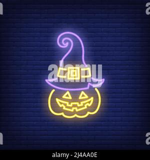Cartello al neon jack o lanterna. Cartello luminoso con zucca in cappello. Pubblicità notturna brillante. Illustrazione vettoriale in stile neon per Halloween, vacanza Illustrazione Vettoriale