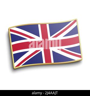 UK flag Golden lapel pin isolato su sfondo bianco. Illustrazione vettoriale del badge della bandiera della Gran Bretagna. Illustrazione Vettoriale