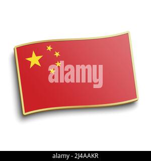 Cina bandiera oro lapel pin isolato su sfondo bianco. Illustrazione vettoriale del logo del pulsante della bandiera cinese. Illustrazione Vettoriale