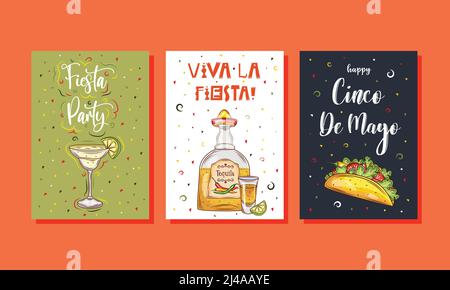 Biglietti d'auguri Cinco de Mayo Festival con sombrero, coda di margarita, taco jalapeno, tequila e testo scritto a mano. Illustrazione Vettoriale
