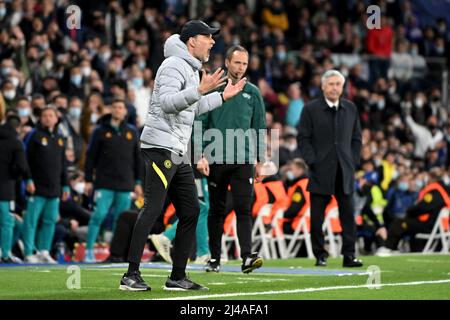 Madrid, spagnolo. 12th Apr, 2022. Primo : 04/12/2022, Football, UEFA Champions League, CL, CHL, Stagione 2021/2022, quarti di finale, seconda tappa Real Madrid - Chelsea 2:3 aet coach Thomas Tuchel (Chelsea) Credit: dpa/Alamy Live News Foto Stock