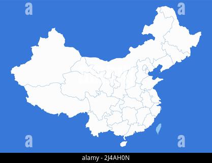 Mappa della Cina, divisioni amministrative con regioni, sfondo blu, bianco Foto Stock