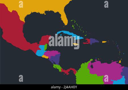 Infografica America Centrale e Isole dei Caraibi mappa, disegni piatti colori, stati e isola, sfondo blu, bianco Foto Stock