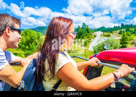 Road and view from-the Eagle's Eye Panoramic site-a favorite tourist attraction in the Western Rhodopes region with Magnificent views to Rhodopes,Rila Foto Stock