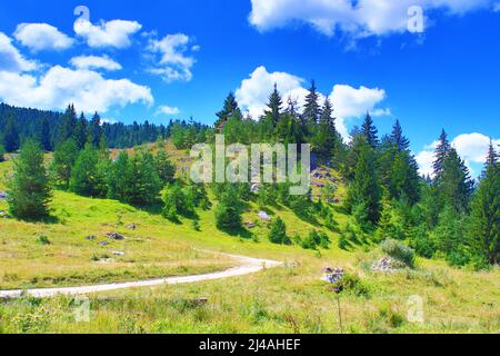 Road and view from-the Eagle's Eye Panoramic site-a favorite tourist attraction in the Western Rhodopes region with Magnificent views to Rhodopes,Rila Foto Stock