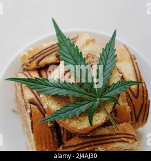 Rotolo dolce con olio di marijuana su piatto bianco. Cucina di cannabis. Disposizione dei deliziosi dessert, vista dall'alto da vicino. Foto Stock