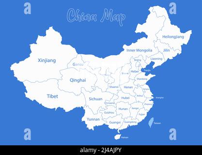 Mappa della Cina, divisioni amministrative con nomi di regioni, sfondo blu vettore Illustrazione Vettoriale